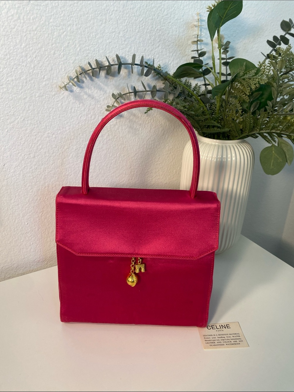 RARE CELINE Vintage Mini Arc De Triomphe & Star Ball Charms Silk Top Handle Bag